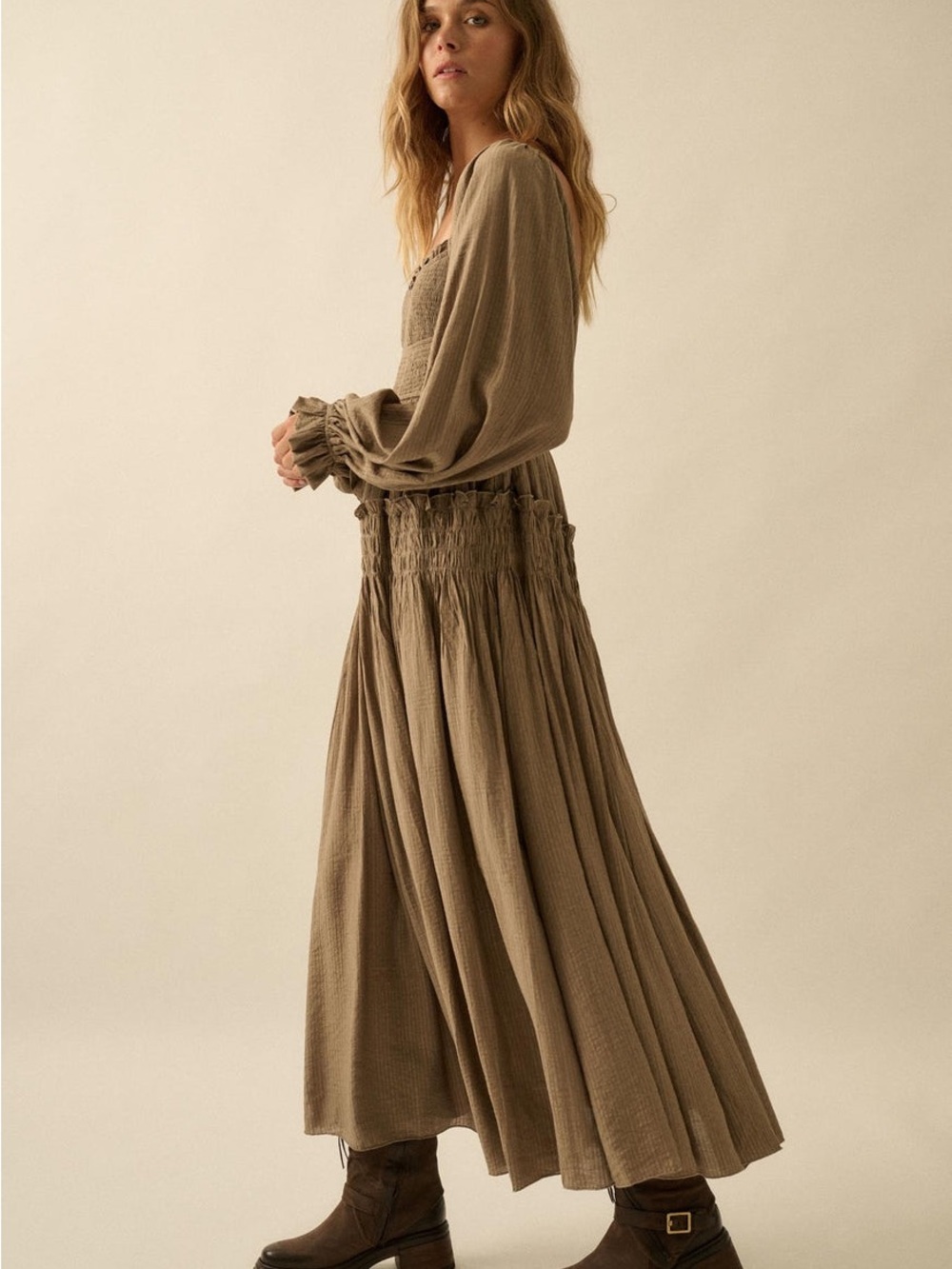 PROMESA Love Story Smocked Tonal-Stripe Midi Peasant Dress Small NWT - Picture 6 of 7